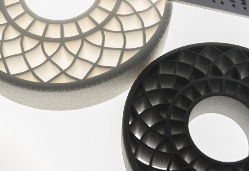 In the chemical industry, BASF has the broadest product portfolio of materials that can be developed for 3D printing. The photo shows two airless tires that were created with 3D printing technologies using thermoplastic polyurethane from BASF. In the chemical industry, BASF has the broadest product portfolio of materials that can be developed for 3D printing. The photo shows two airless tires that were created with 3D printing technologies using thermoplastic polyurethane from BASF.