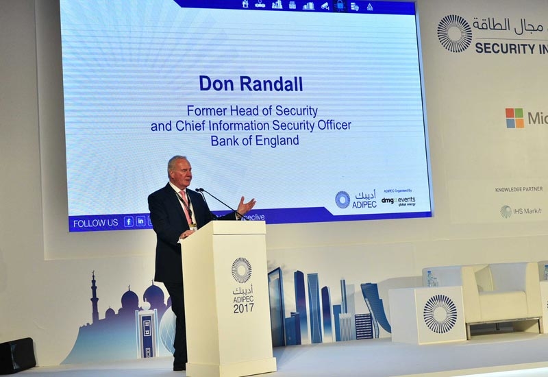 Don Randall, former head of security and chief information security officer at the Bank of England, delivers keynote address at the Security in Energy conference, co-located within ADIPEC 2017 in Abu Dhabi. Don Randall, former head of security and chief information security officer at the Bank of England, delivers keynote address at the Security in Energy conference, co-located within ADIPEC 2017 in Abu Dhabi.