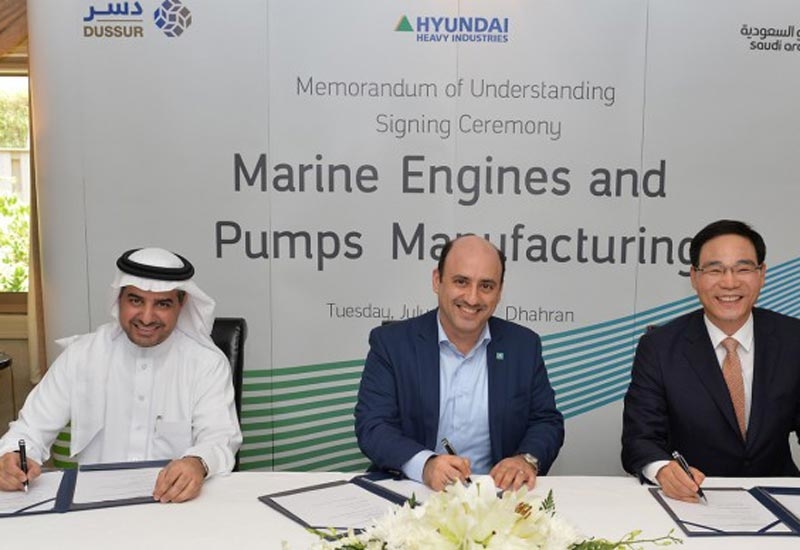 Rasheed Al Shubaili, CEO, Dussur (left), Zaid Murshed, vice president, new business development, Saudi Aramco (centre), and Kidon Chang, CEO, engine business, Hyundai Heavy Industries, during the signing of the MoU. Rasheed Al Shubaili, CEO, Dussur (left), Zaid Murshed, vice president, new business development, Saudi Aramco (centre), and Kidon Chang, CEO, engine business, Hyundai Heavy Industries, during the signing of the MoU.