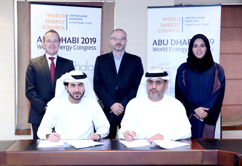The agreement was signed by HE Dr Matar Al Neyadi (sitting, right), chair of the organising committee and undersecretary of the UAE ministry of energy, and Mohammad Al Bulooki (sitting, left), executive vice president, commercial, Etihad Airways. The agreement was signed by HE Dr Matar Al Neyadi (sitting, right), chair of the organising committee and undersecretary of the UAE ministry of energy, and Mohammad Al Bulooki (sitting, left), executive vice president, commercial, Etihad Airways.