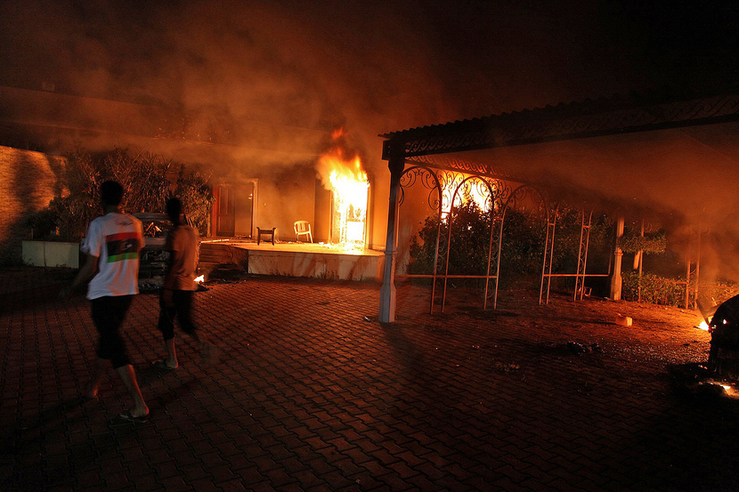 The US Consular compound burns in Benghazi late on September 11, 2012. An armed mob attacked the compound. GETTY IMAGES The US Consular compound burns in Benghazi late on September 11, 2012. An armed mob attacked the compound. GETTY IMAGES