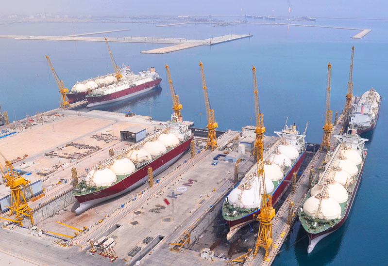 Six of the seven LNG carriers currently undergoinf drydock maintenance at the Nakilat-Keppel Offshore & Marine facility near Ras Laffan in Qatar. Six of the seven LNG carriers currently undergoinf drydock maintenance at the Nakilat-Keppel Offshore & Marine facility near Ras Laffan in Qatar.