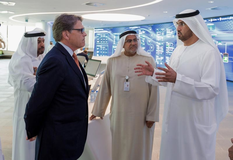 HE Dr Sultan Ahmed Al Jaber (right), UAE minister of state and ADNOC Group CEO, in discussion with United States secretary of energy Rick Perry (second from left). HE Dr Sultan Ahmed Al Jaber (right), UAE minister of state and ADNOC Group CEO, in discussion with United States secretary of energy Rick Perry (second from left).