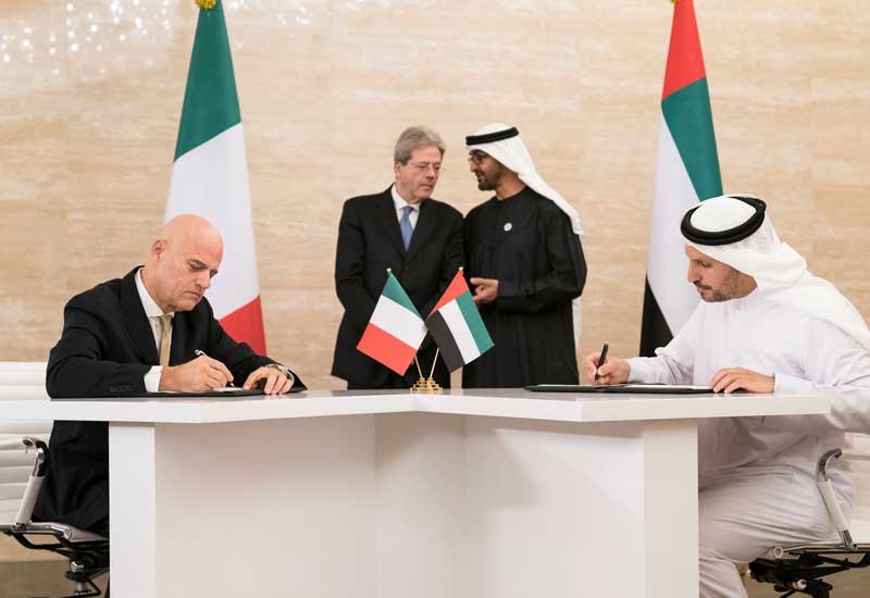 Sheikh Mohammed bin Zayed Al Nahyan, Crown Prince of Abu Dhabi and Paolo Gentiloni, Prime Minister of Italy, witness the signing of the deal between Mubadala and Eni at Al Shati Palace in Abu Dhabi. Sheikh Mohammed bin Zayed Al Nahyan, Crown Prince of Abu Dhabi and Paolo Gentiloni, Prime Minister of Italy, witness the signing of the deal between Mubadala and Eni at Al Shati Palace in Abu Dhabi.