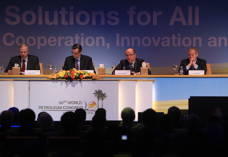BP CEO Bob Dudley (L), Serge Dupont, Canada's Deputy Minister of Natural Resources (2L), Repsol Chairman Antonio Brufau (2R), and ConocoPhillips CEO a BP CEO Bob Dudley (L), Serge Dupont, Canada's Deputy Minister of Natural Resources (2L), Repsol Chairman Antonio Brufau (2R), and ConocoPhillips CEO a