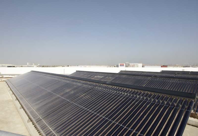Solar thermal panels on the facility's roof provide the air conditioning for the entire building. Solar thermal panels on the facility's roof provide the air conditioning for the entire building.