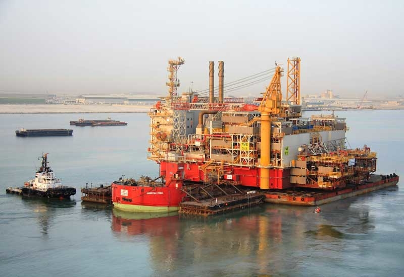 Aerial shot of the TOPAZ constructed MOPU unit leaving the fabrication yard in Abu Dhabi. Aerial shot of the TOPAZ constructed MOPU unit leaving the fabrication yard in Abu Dhabi.