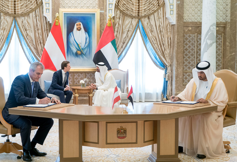 Dr Sultan Ahmed Al Jaber, ADNOC Group CEO (front right), and Dr Rainer Seele, CEO of OMV, sign the deal as Sheikh Mohamed bin Zayed Al Nahyan, Crown Prince of Abu Dhabi (back right), and Sebastian Kurz, Chancellor of Austria, look on. Dr Sultan Ahmed Al Jaber, ADNOC Group CEO (front right), and Dr Rainer Seele, CEO of OMV, sign the deal as Sheikh Mohamed bin Zayed Al Nahyan, Crown Prince of Abu Dhabi (back right), and Sebastian Kurz, Chancellor of Austria, look on.