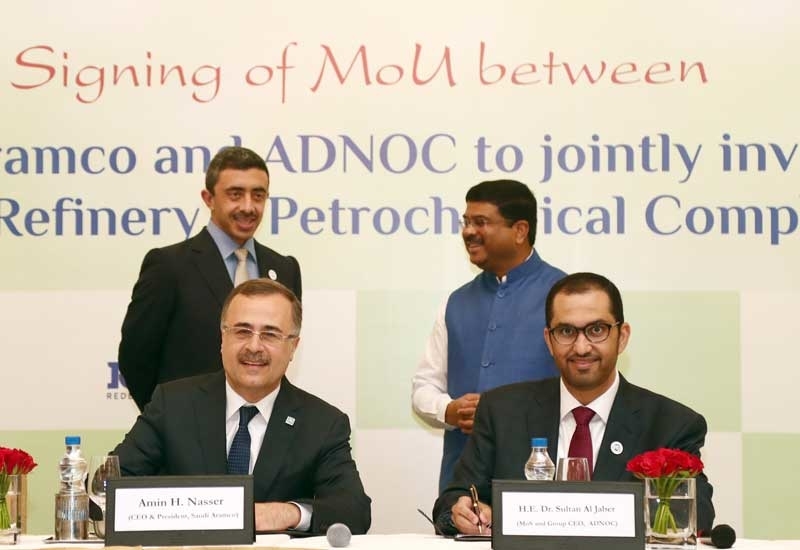 In this file photo from June 2018, Sheikh Abdullah bin Zayed bin Sultan Al Nahyan (standing, left), UAE minister of foreign affairs and international cooperation, Dharmendra Pradhan (standing, right), India’s minister of petroleum and natural gas, Amin H Nasser (sitting, left), Saudi Aramco president and CEO, and Dr Sultan Ahmed Al Jaber¸ UAE minister of state and ADNOC Group CEO, are seen at the signing ceremony for the $44bn Ratnagiri refinery-petrochemicals complex. In this file photo from June 2018, Sheikh Abdullah bin Zayed bin Sultan Al Nahyan (standing, left), UAE minister of foreign affairs and international cooperation, Dharmendra Pradhan (standing, right), India’s minister of petroleum and natural gas, Amin H Nasser (sitting, left), Saudi Aramco president and CEO, and Dr Sultan Ahmed Al Jaber¸ UAE minister of state and ADNOC Group CEO, are seen at the signing ceremony for the $44bn Ratnagiri refinery-petrochemicals complex.