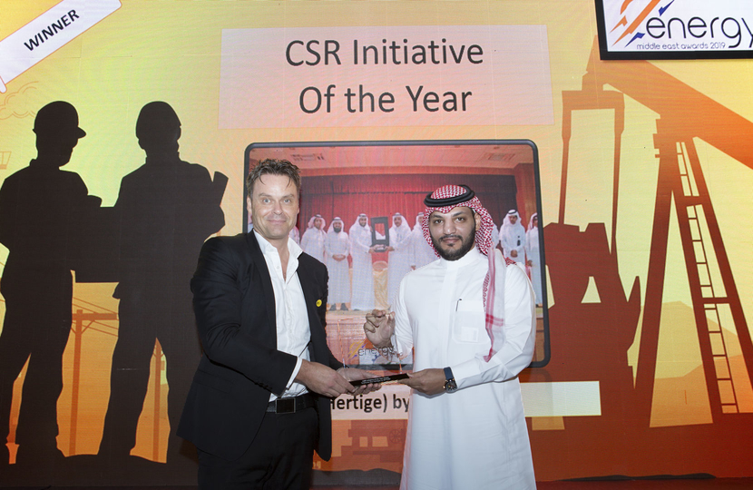 Sultan Al Anzi (right), project manager, SATORP, receives the CSR Initiative of the Year Award won by SATORP for Torathuna (Our Heritage) from Rory McCarthy, chief commercial officer, Yellow Door Energy, at the 2019 Middle East Energy Awards. Sultan Al Anzi (right), project manager, SATORP, receives the CSR Initiative of the Year Award won by SATORP for Torathuna (Our Heritage) from Rory McCarthy, chief commercial officer, Yellow Door Energy, at the 2019 Middle East Energy Awards.