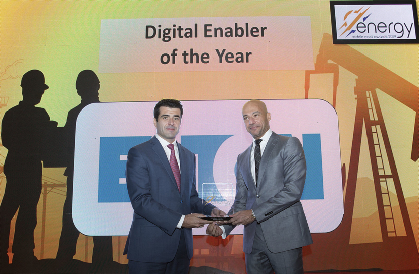 Ashraf Yehia (right), managing director, Eaton Corporation, presents the Digital Enabler of the Year Award won by Enova for Hubgrade 4.0 to Francisco Ramalheira, director – business development & marketing, Enova, at the 2019 Middle East Energy Awards. Ashraf Yehia (right), managing director, Eaton Corporation, presents the Digital Enabler of the Year Award won by Enova for Hubgrade 4.0 to Francisco Ramalheira, director – business development & marketing, Enova, at the 2019 Middle East Energy Awards.
