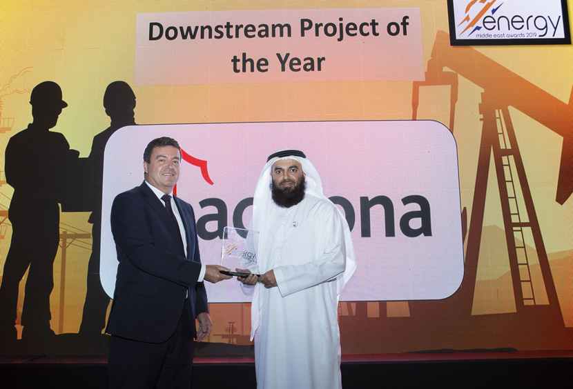 Hassan Al Hosani (right), vice president, refining business, Downstream Directorate, ADNOC, receives the Downstream Project of the Year Award won by ADNOC for Project Stretch from Jesús Sancho, Middle East managing director for ACCIONA, at the 2019 Middle East Energy Awards. Hassan Al Hosani (right), vice president, refining business, Downstream Directorate, ADNOC, receives the Downstream Project of the Year Award won by ADNOC for Project Stretch from Jesús Sancho, Middle East managing director for ACCIONA, at the 2019 Middle East Energy Awards.