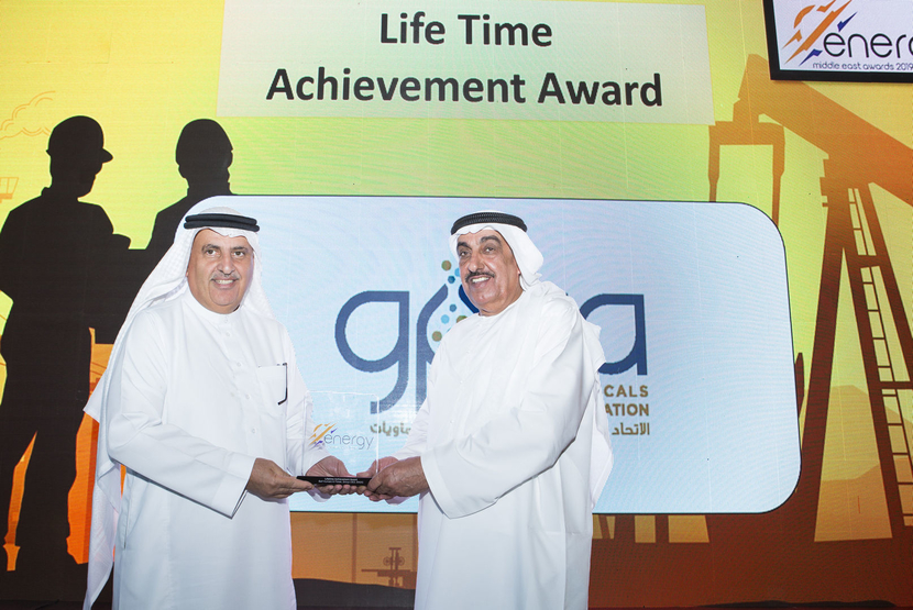 Dr Abdulwahab Al-Sadoun (left), secretary general, Gulf Petrochemicals and Chemicals Association (GPCA), presents the inaugural Lifetime Achievement Award to His Excellency Saif Humaid Al Falasi, group CEO of ENOC, at the 2019 Middle East Energy Awards. Dr Abdulwahab Al-Sadoun (left), secretary general, Gulf Petrochemicals and Chemicals Association (GPCA), presents the inaugural Lifetime Achievement Award to His Excellency Saif Humaid Al Falasi, group CEO of ENOC, at the 2019 Middle East Energy Awards.