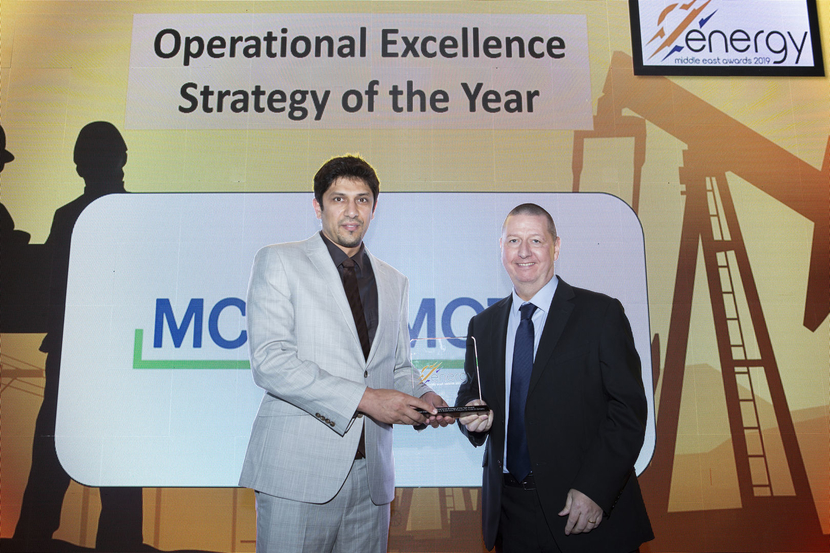 Abdulaziz Ali Najaf (left), team leader, artificial lift S&EK/WK, well surveillance group, Kuwait Oil Company, receives the Operational Excellence Strategy of the Year Award won by Kuwait Oil Company for the Integrated Creative Programme for Sustainable Oil Production from Guy McLear, head of HSES, McDermott, at the 2019 Middle East Energy Awards. Abdulaziz Ali Najaf (left), team leader, artificial lift S&EK/WK, well surveillance group, Kuwait Oil Company, receives the Operational Excellence Strategy of the Year Award won by Kuwait Oil Company for the Integrated Creative Programme for Sustainable Oil Production from Guy McLear, head of HSES, McDermott, at the 2019 Middle East Energy Awards.