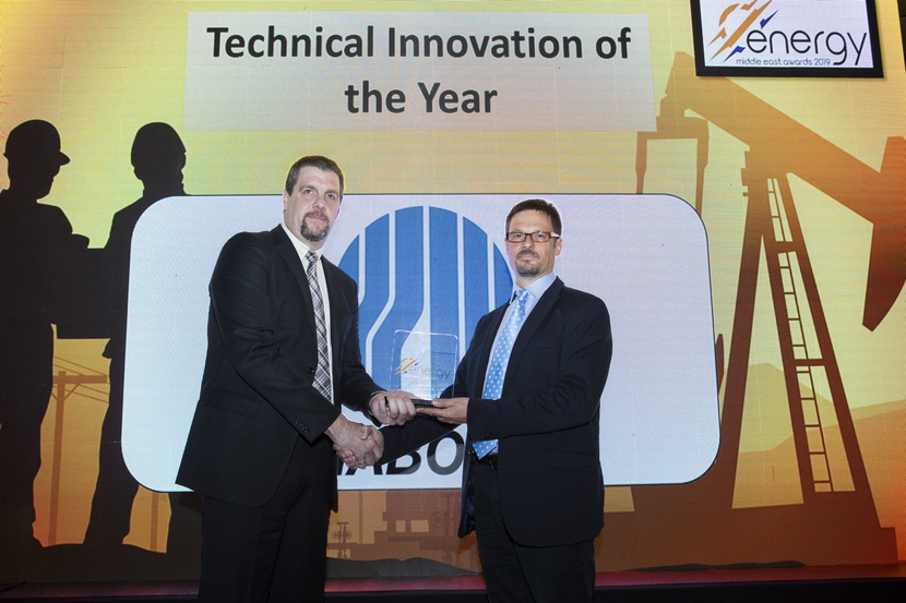 Mike Affleck (right), senior petroleum engineer – EXPEC ARC, drilling technology team, Saudi Aramco, receives the Technical Innovation of the Year Award won by Saudi Aramco for Auto Well Space Out from Michael Niedermaier, vice president, operations, Nabors Drilling International Gulf, at the 2019 Middle East Energy Awards. Mike Affleck (right), senior petroleum engineer – EXPEC ARC, drilling technology team, Saudi Aramco, receives the Technical Innovation of the Year Award won by Saudi Aramco for Auto Well Space Out from Michael Niedermaier, vice president, operations, Nabors Drilling International Gulf, at the 2019 Middle East Energy Awards.