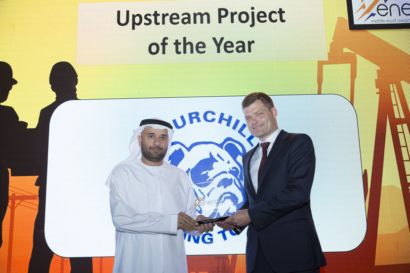 Nicholas Kjaer (right), general manager, Middle East and Asia, Churchill Drilling Tools, presents the Upstream Project of the Year Award won by ADNOC for the Ghasha Project to Dr Adel Bin Subaih, vice president, undeveloped reservoirs projects division, Upstream Directorate, ADNOC, at the 2019 Middle East Energy Awards. Nicholas Kjaer (right), general manager, Middle East and Asia, Churchill Drilling Tools, presents the Upstream Project of the Year Award won by ADNOC for the Ghasha Project to Dr Adel Bin Subaih, vice president, undeveloped reservoirs projects division, Upstream Directorate, ADNOC, at the 2019 Middle East Energy Awards.